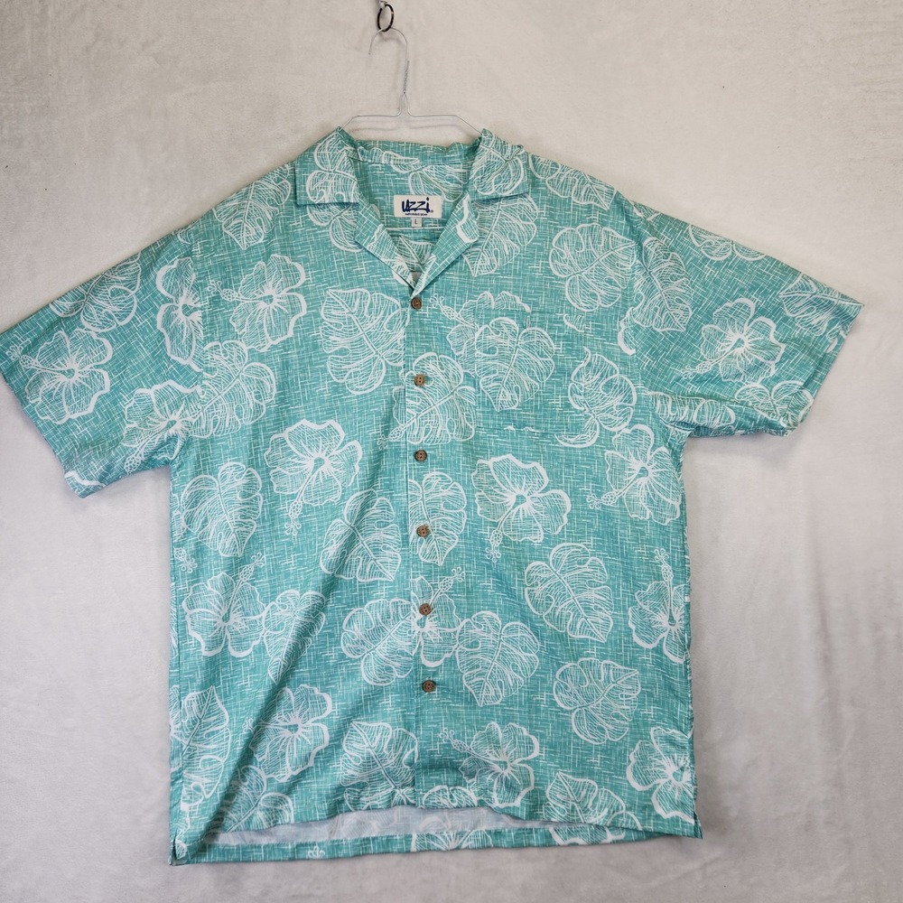 Uzzi Amphibious Gear Mens‎ L Teal Hibiscus Tropical Print Button Down Shirt